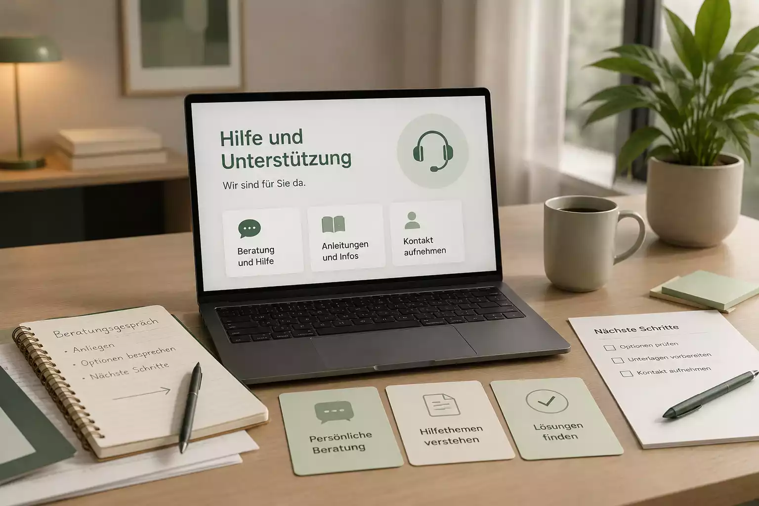Ruhige Hilfesituation mit Gesprächsnotizen und sicheren nächsten Schritten
